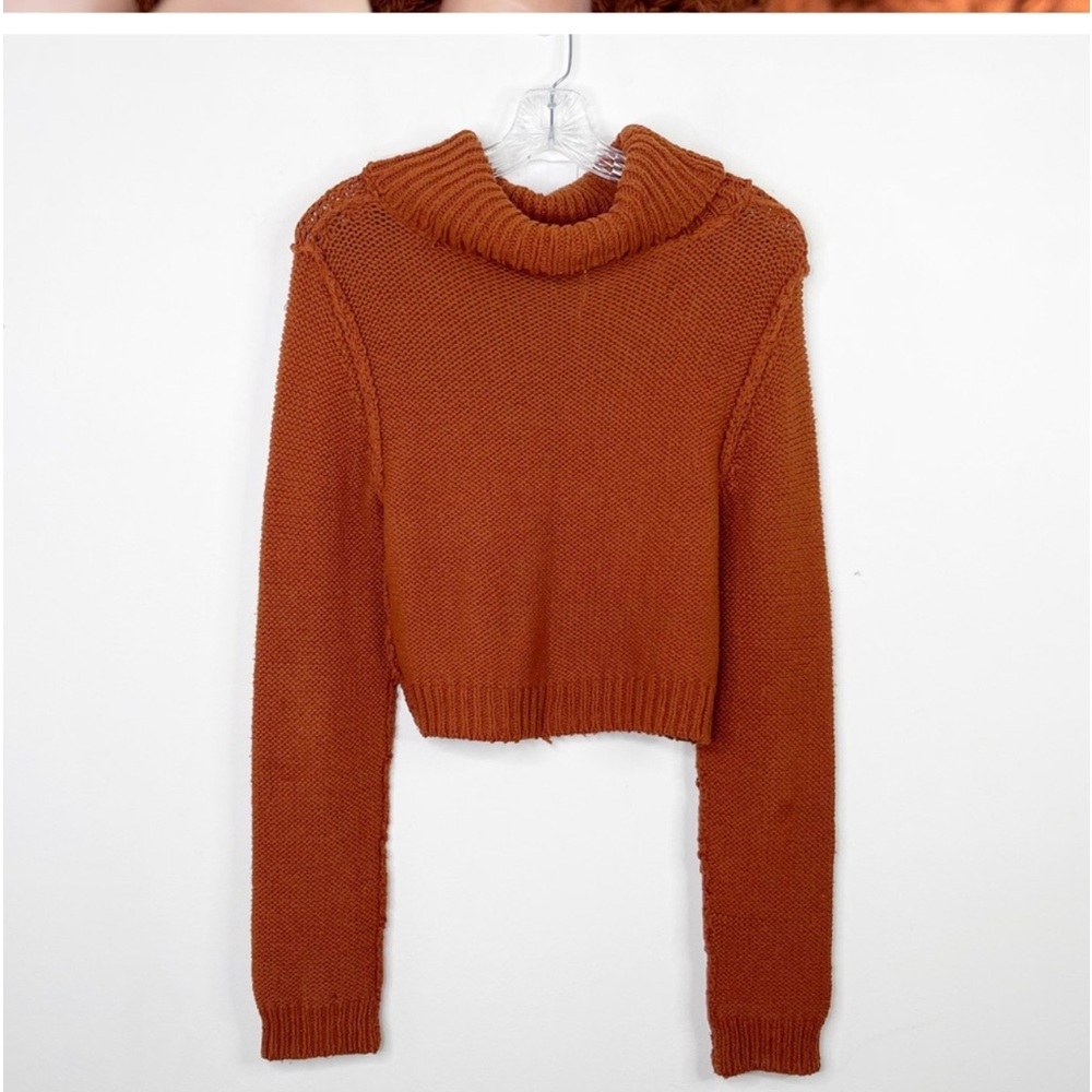 FREE PEOPLE | Rust Colored Raw Seam Knit Cropped Cowl Neck Sweater Sz. Medium